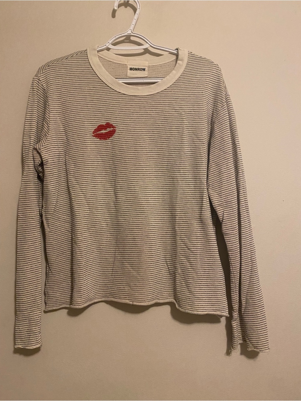 Monrow Pale Blush and Black Striped Crewneck Top